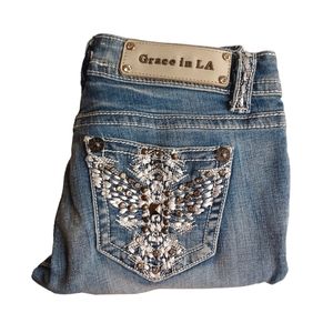 GRACE IN LA USA Light Medium Blue Rhinestone Embellished Studded Pocket Jeans 3
